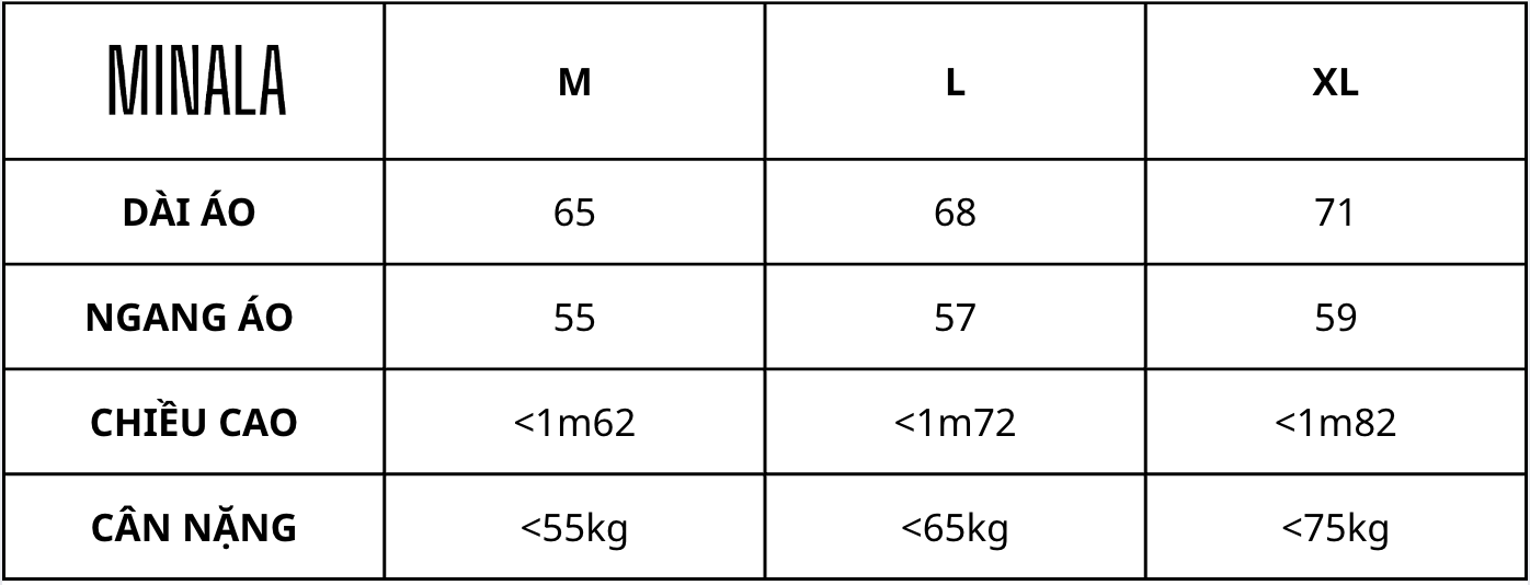 bảng size áo phông MINALA