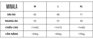 Bảng size áo phông MINALA